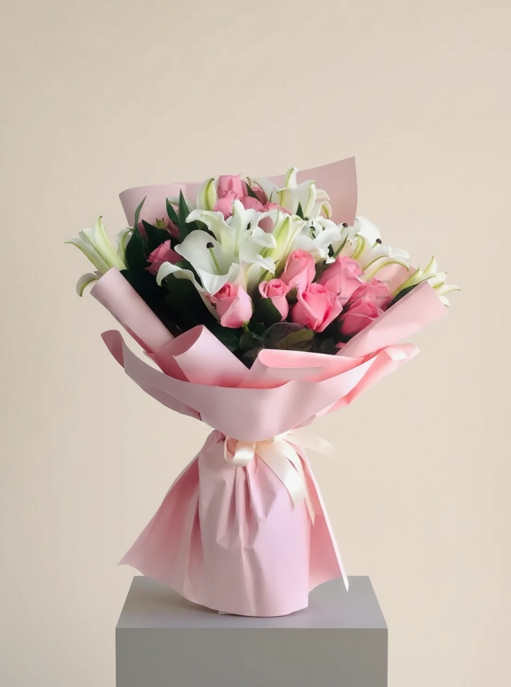 Lilyum ve Pembe Gül Buketi